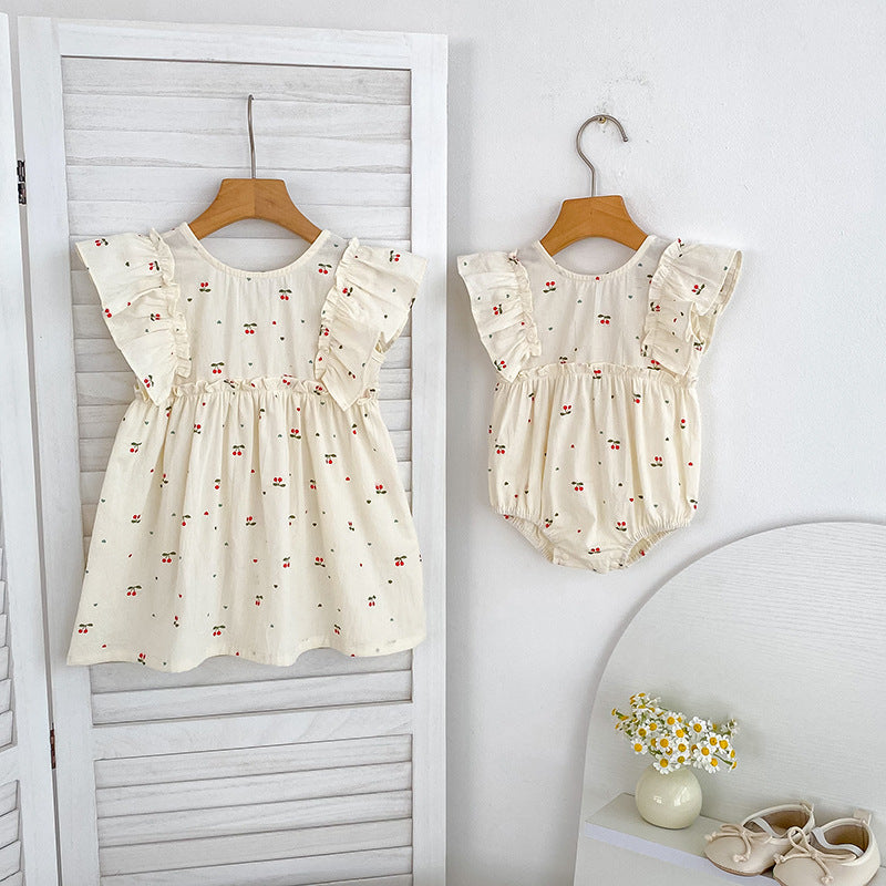 Summer Girls Simple Cherry Pattern Fly Sleeves Onesies and Girls’